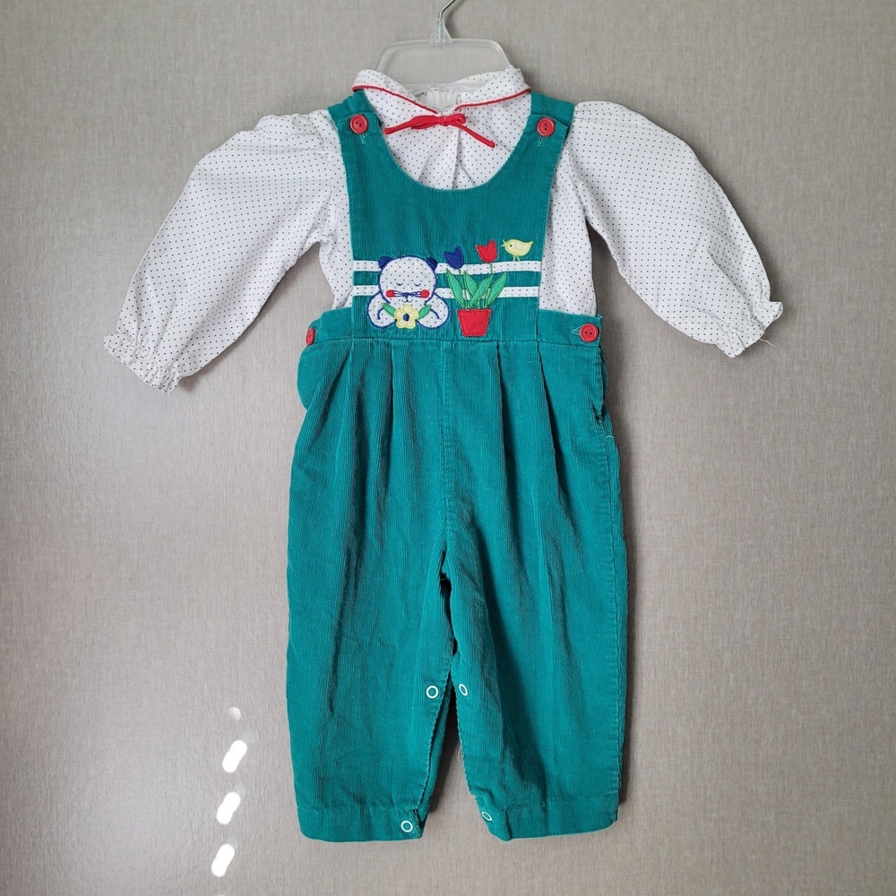 Vintage 80s Baby Togs 18M Green Corduroy Overalls & Polka Dot Blouse Set 2pc